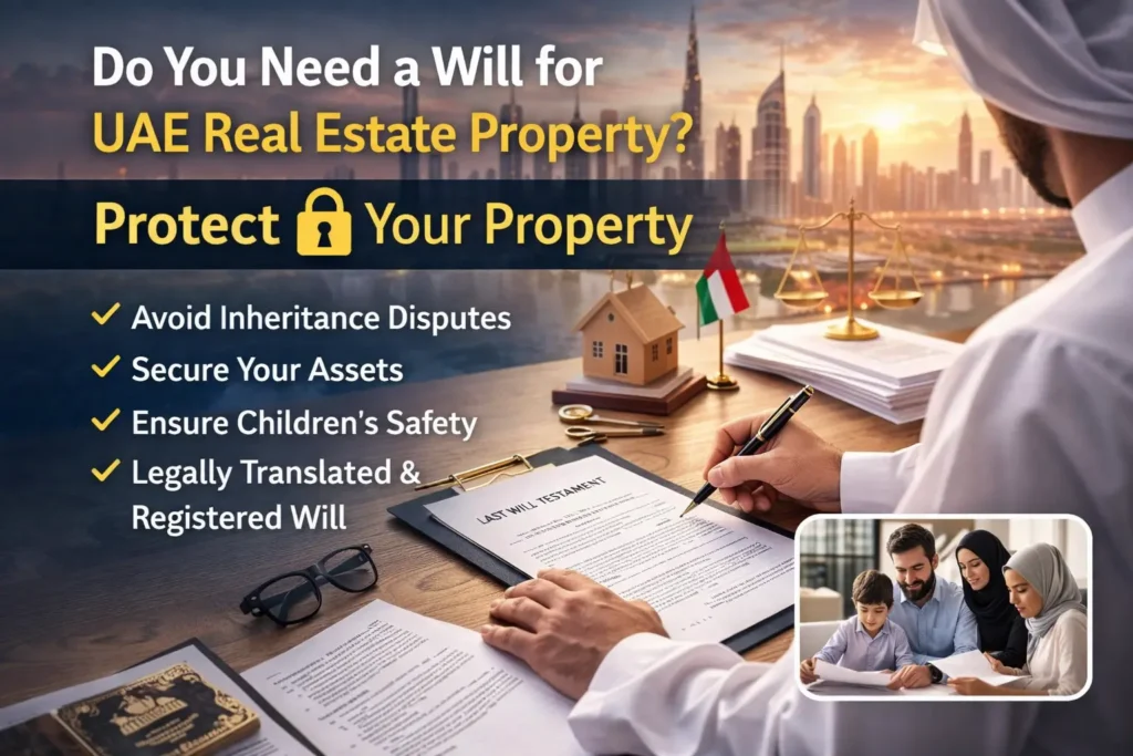 Will for UAE real estate property in Dubai showing legally translated and registered will document to protect property assets, avoid inheritance disputes, and secure family future with certified legal translation services in UAE.