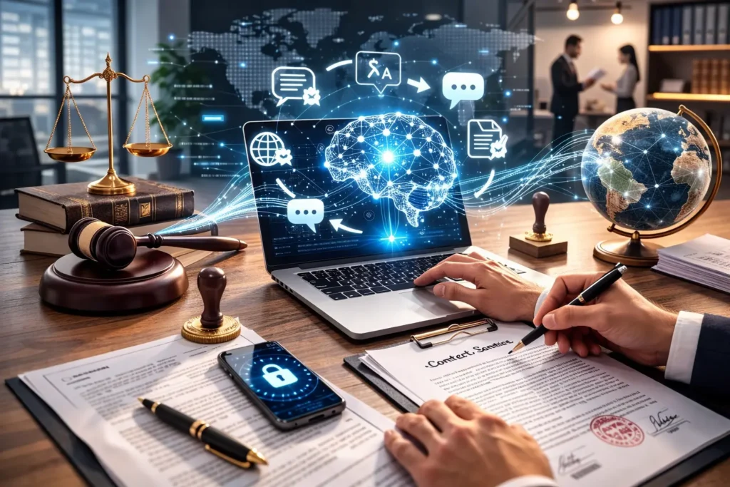 Artificial intelligence transforming legal translation services in Dubai, featuring AI technology assisting certified human translator with contracts and court documents in a modern UAE office, representing innovation in certified legal translation and compliance.