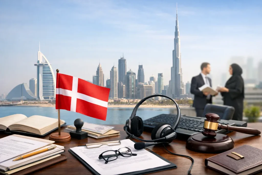 Professional Danish translation services in Dubai for legal documents, business communication, and certified translation in the UAE, symbolized by Danish flag, legal paperwork, translator workspace, and Dubai skyline including Burj Khalifa.