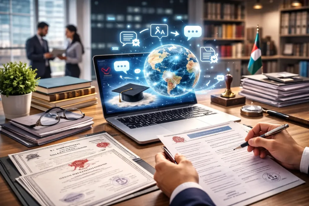 Professional education translation services in Dubai translating academic transcripts, diplomas, and certificates for university admissions, credential evaluation, and employment verification.