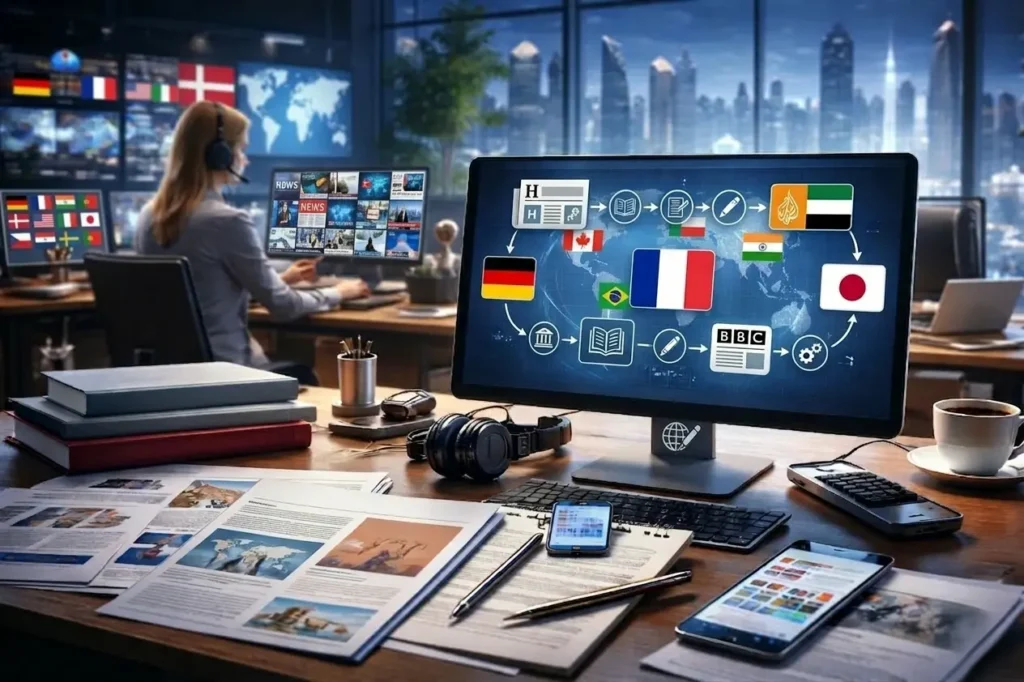 A detailed infographic on a computer monitor shows the global news production and verification workflow from a German source to networks like BBC and Al Jazeera, set within a bustling international newsroom at night.
