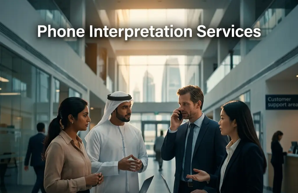 Cinematic office setting in Dubai featuring diverse business professionals using phone interpretation services for multilingual support, highlighting seamless global communication and professional translation in a high-tech corporate environment.