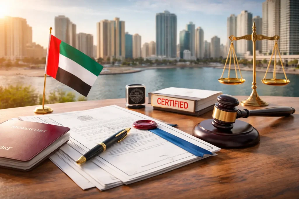 Professional legal translation services in Ajman UAE featuring certified documents, justice concept, and UAE skyline representing MOJ approved legal translation in Ajman by Al Hamd Legal Translation for visa, court, and business documents