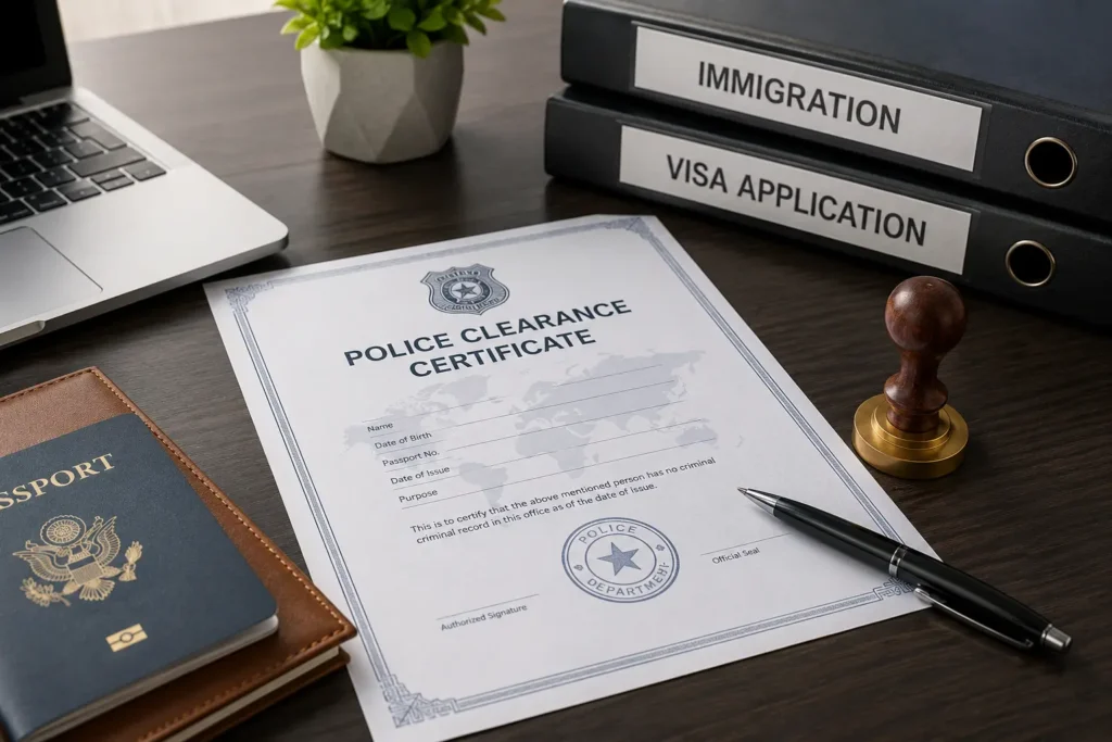Professional Police Clearance Certificate (PCC) translation for UAE visa applications, featuring certified legal translation services in Dubai, official immigration document translation, Arabic legal translation, employment visa documentation, court-approved translation, and trusted legal translation solutions for UAE residency and work permits.