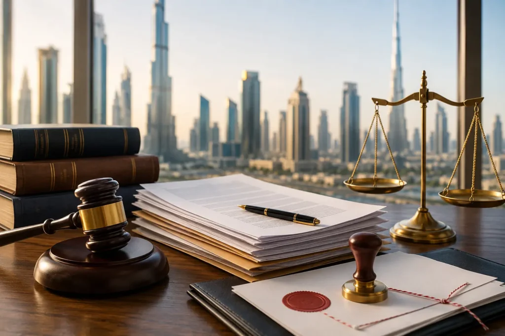 Professional certified court documents translation in Dubai with legal documents, gavel, scales of justice, and premium legal office, representing certified legal translation services for UAE court submissions and official legal document translation.