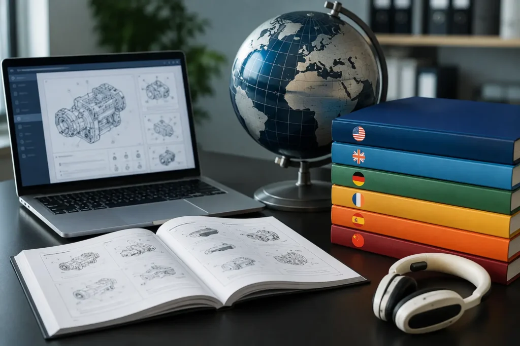 Modern workspace showcasing professional user manual translation services for global markets, including multilingual technical manuals, product documentation, certified translation services in Dubai, technical document localization, equipment instruction manuals, Arabic translation, international business communication, and global product compliance.