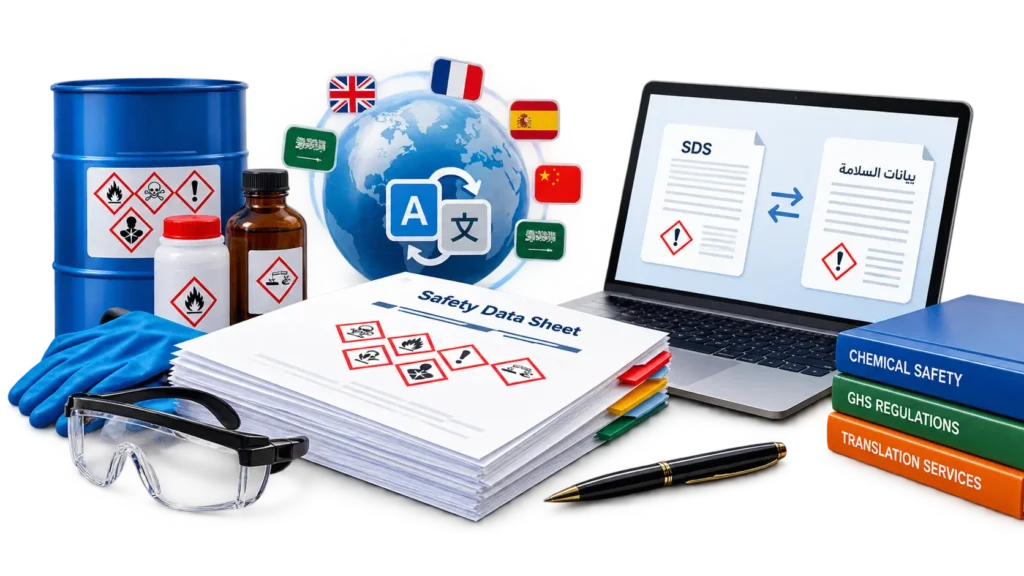 Safety Data Sheets Translation UAE services featuring professional SDS documents, chemical safety information, GHS compliance, multilingual translation, and certified technical translation services