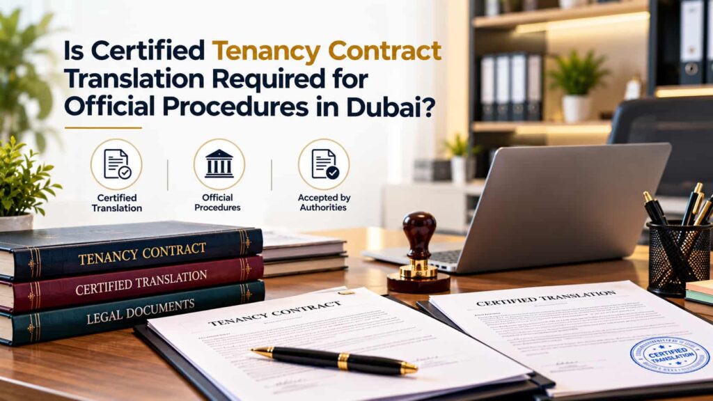 Certified tenancy contract translation services in Dubai, UAE, featuring tenancy agreement documents, certified legal translation papers, an official document stamp, and a professional legal translation office. The image highlights tenancy contract translation for official procedures in Dubai, including rental agreement translation, Arabic-to-English legal translation, and documentation for submission to relevant UAE authorities