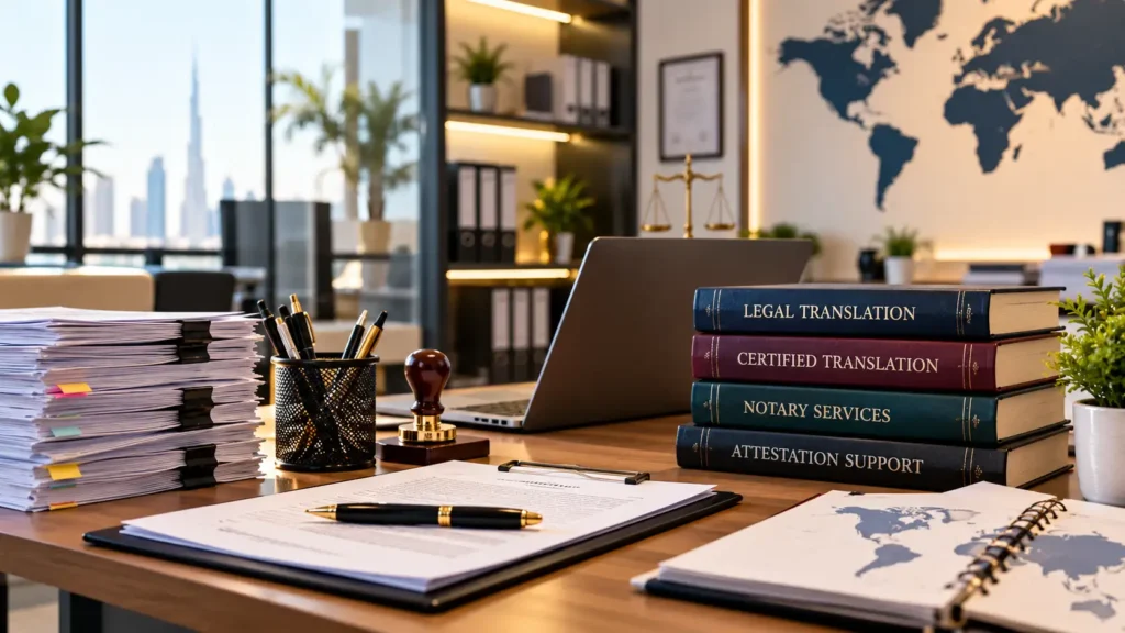 Modern legal translation office in Dubai featuring official documents, a laptop, document stamp, and books representing legal translation, certified translation, notary services, and document attestation in the UAE. Professional office setting highlighting legal document translation, multilingual translation services, and attestation support in Dubai, Abu Dhabi, Sharjah, and across the UAE